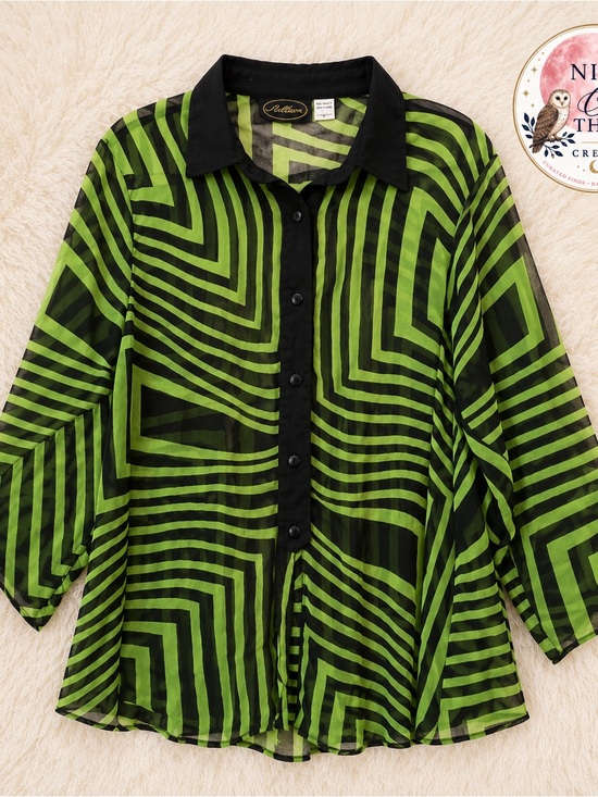 Allure Tops - Sheer Green and Black Blouse Size Large ~ Loose Fit ~ Layering Piece